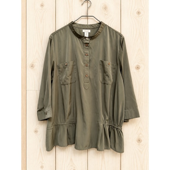 Chico's Tops - Chicos Olive Green Utility Blouse Size 3 XL 3/4 Sleeve Peplum Hem Pullover Top